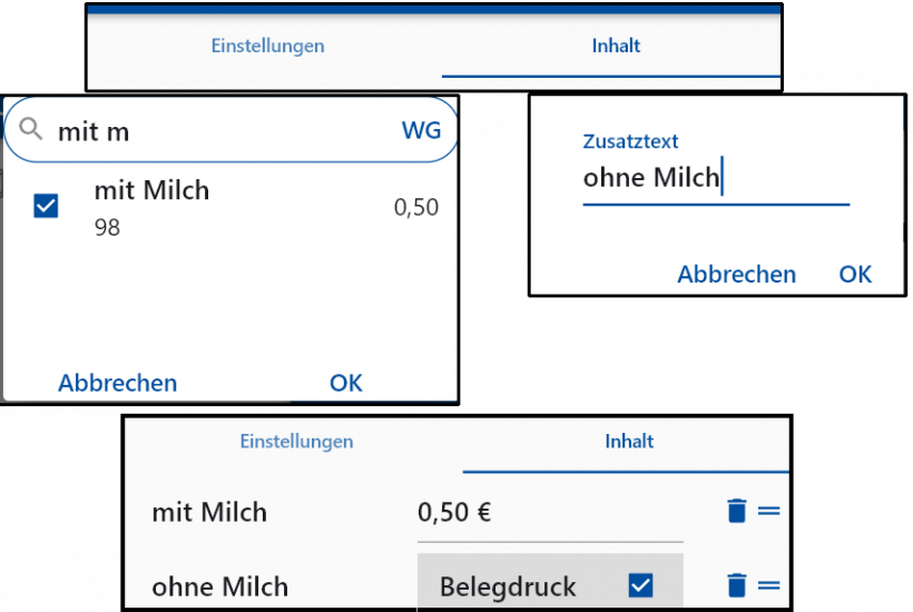 Hinzufügen eines Artikels (links) oder Zusatztextes (rechts) sowie Ansicht nach dem Hinzufügen (unten)