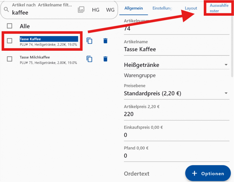 Auswahl der Auswahlfenster in den Artikeleinstellungen