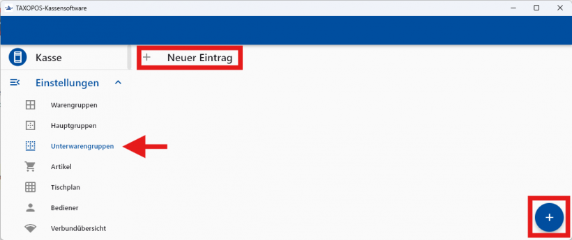 Ansicht des Menüpunkts "Unterwarengruppen"