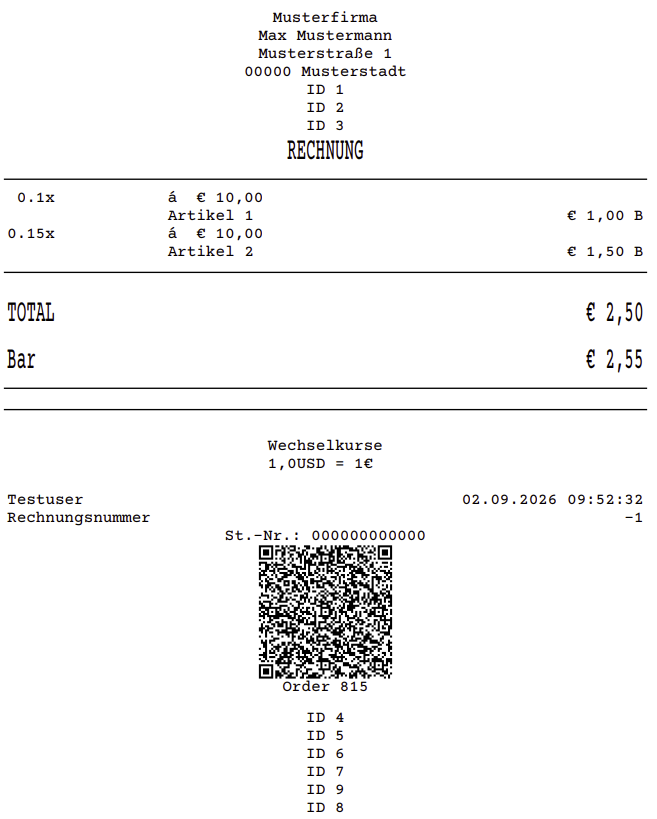 Testbon, auf dem die Namen der freien Texte ihrer ID entsprechen