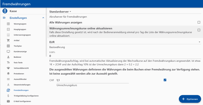 Das Einstellungsmenü der Fremdwährungen