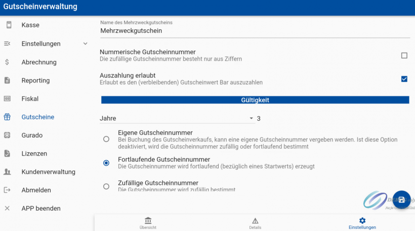 POSSUM Gutscheinverwaltung Einstellungen