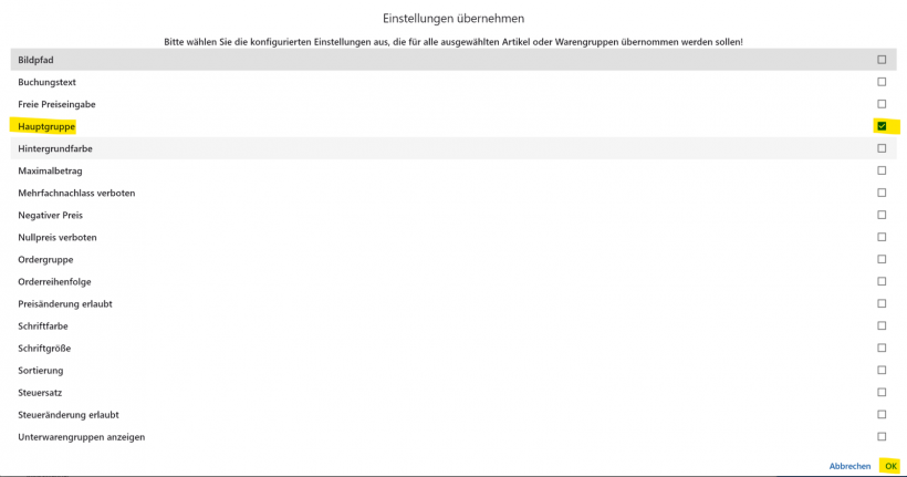 Einstellungen übernehmen