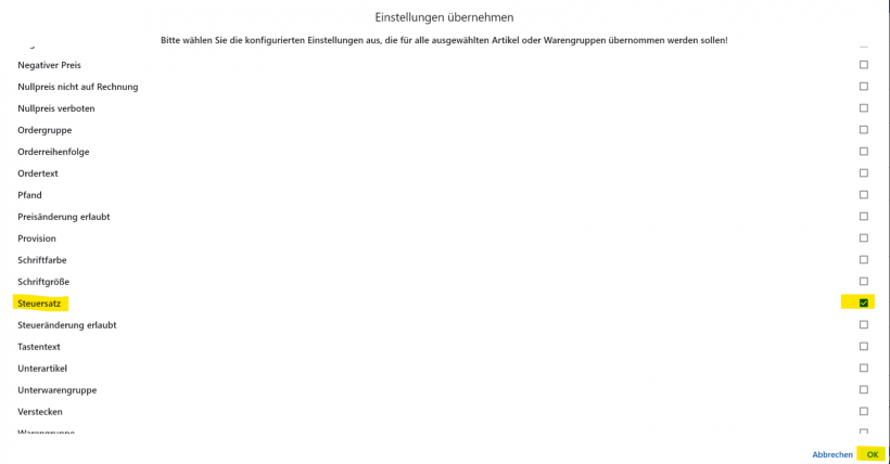 Einstellungen übernehmen