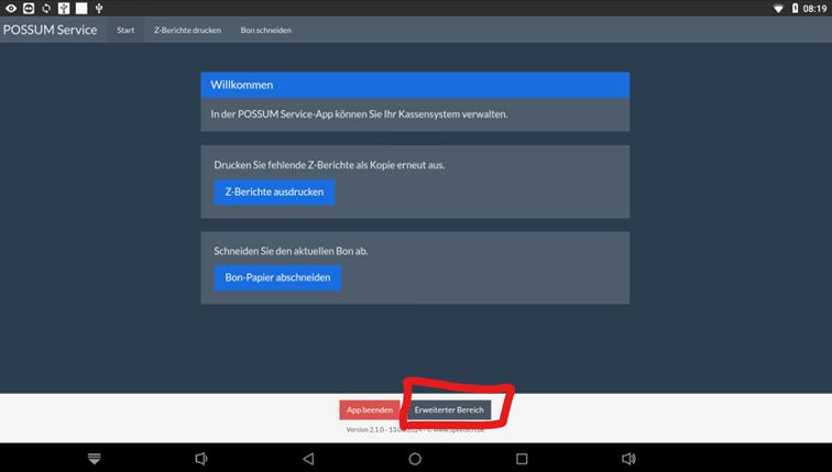 Erweiterten Bereich der POSSUM Service App öffnen