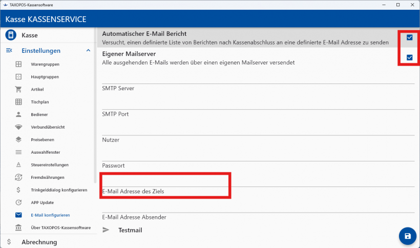 Menü zur E-Mail-Konfiguration