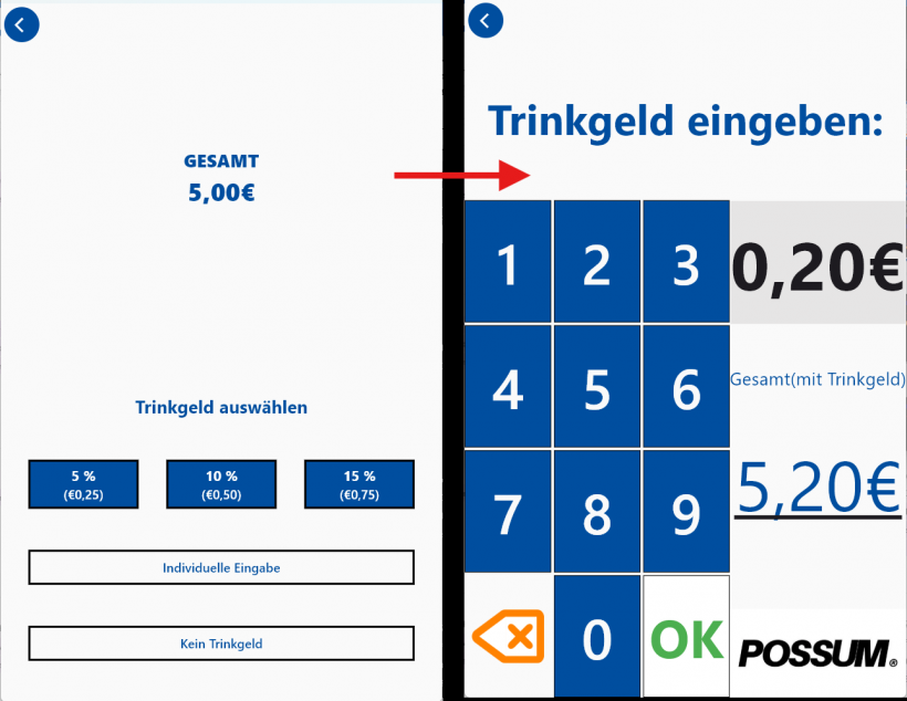 Links die Ansicht bei Durchführung einer Kartenzahlung. Wenn der Kunde auf "Individuelle Eingabe" tippt, erscheint der Dialog auf der rechten Seite
