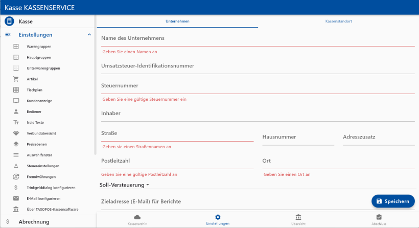 Die Abrechnungseinstellungen. Hier ist der Reiter *Unternehmen* geöffnet