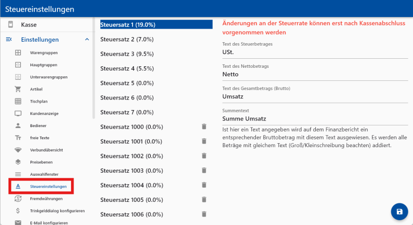 Das Einstellungsmenü für Steuersätze