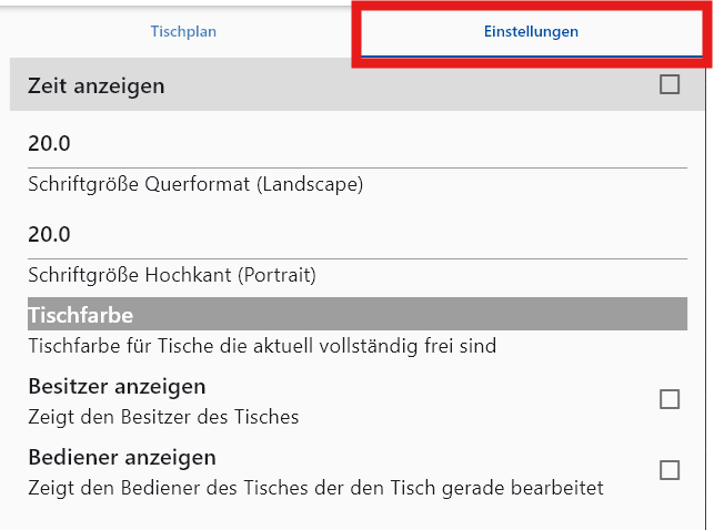 Einstellungsfenster des Tischplans