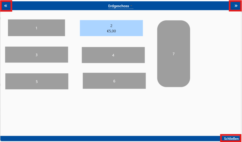 Ein geöffneter Tischplan. Oben markiert die Navigationstasten zum Wechseln der Oberfläche. Unten die Taste zum Schließen