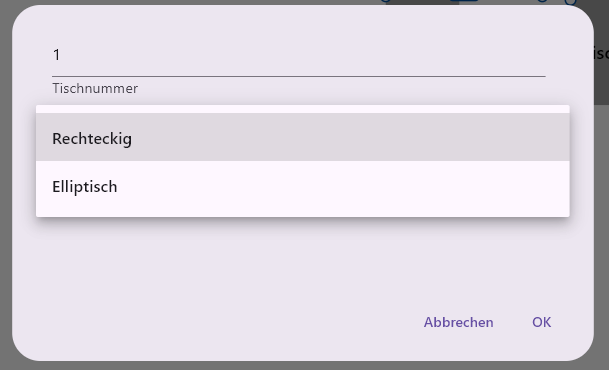 Geöffnetes Optionsfenster eines Tisches im Tischplan