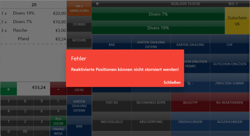 Fehlermeldung, wenn ein normaler Bediener versucht ein Reaktivierungsstorno durchzuführen